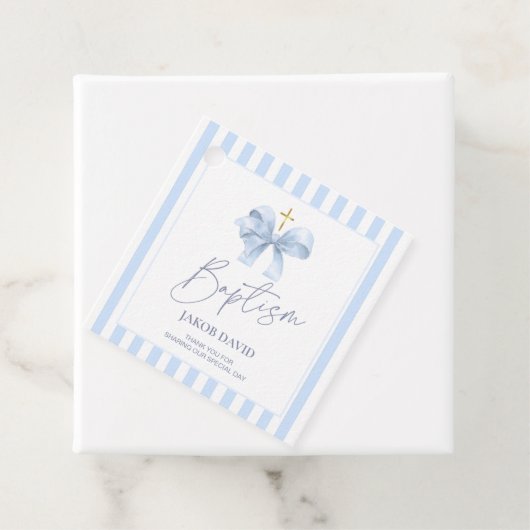 ブルーボウストライプのバプティスサンキューユユーメッセージカード フェイバータグ (インサイチュ)