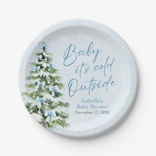 ブルーボウズ男の子ベビー寒い外の赤ちゃんシャワー ペーパープレート (正面)