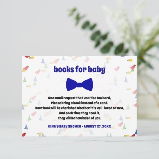ブルーボウタイ男の赤ちゃんシャワーブックリクエストカード エンクロージャーカード (スタンド正面)
