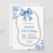 ブルーボウチノワセリーパールズウィメンズ誕生日 招待状 (正面)