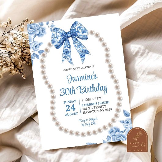 ブルーボウチノワセリーパールズウィメンズ誕生日 招待状
