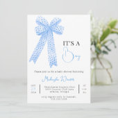 ブルーボウテンプレートプリント男の赤ちゃんシャワー 招待状 (スタンド正面)