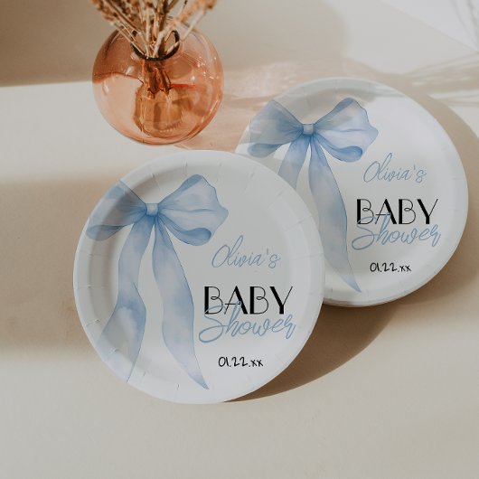 ブルーボウハンドドロードスクリプト男の赤ちゃんシャワー ペーパープレート