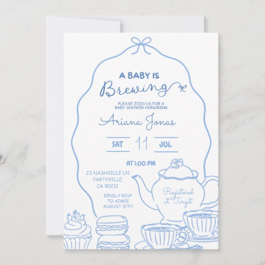 ブルーボウハンドドードルAベビーは赤ちゃんシャワーを醸造している 招待状 (正面)