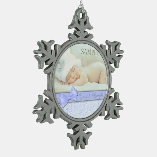 ブルーボウパステルベビー1stクリスマステンプレート スノーフレークピューターオーナメント (左)
