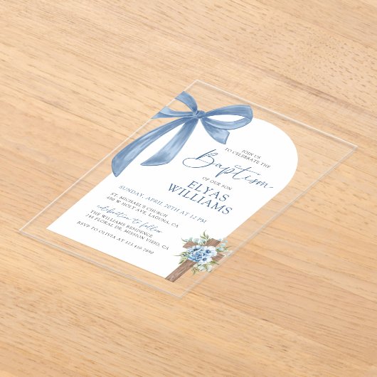 ブルーボウフローラクロスボーイバプテスマ&《キリスト教》洗礼式や命名式 アクリル招待状 (レイダウン)