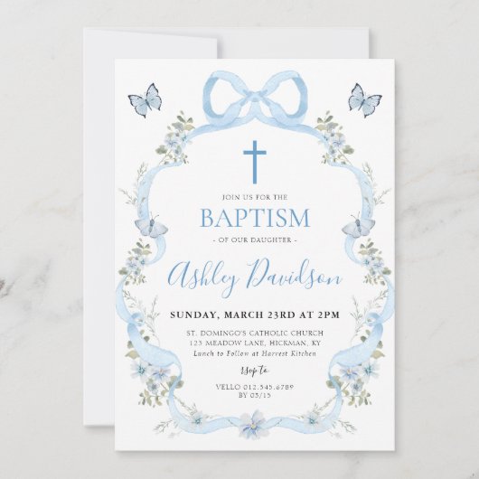 ブルーボウフローラワイルドフラワーバプテスマ《キリスト教》洗礼式や命名式 招待状 (正面)