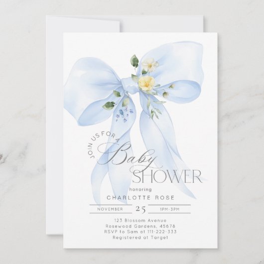 ブルーボウフローラ男の赤ちゃんシャワー 招待状 (正面)