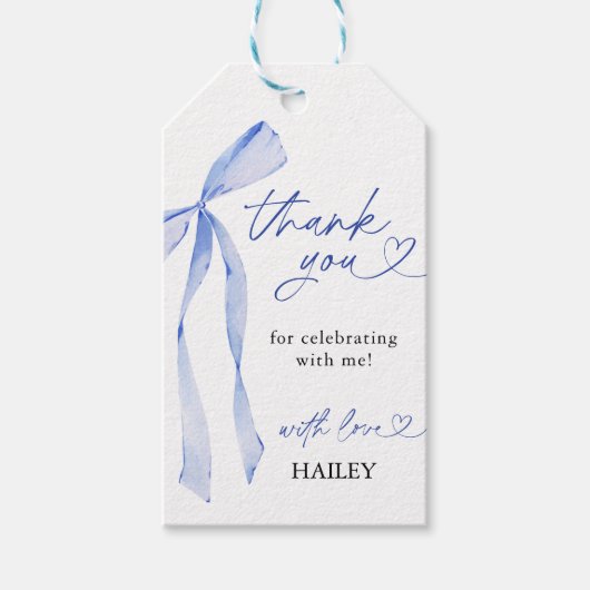 ブルーボウブライダルシャワーありがとう、メッセージカード ギフトタグ (正面)