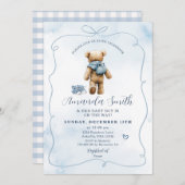 ブルーボウベアベビーシューズボーイベビーシャワー 招待状 (正面/裏面)