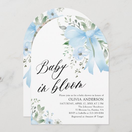 ブルーボウベビーイン開花フローラアーチベイビーシャワー 招待状 (正面/裏面)
