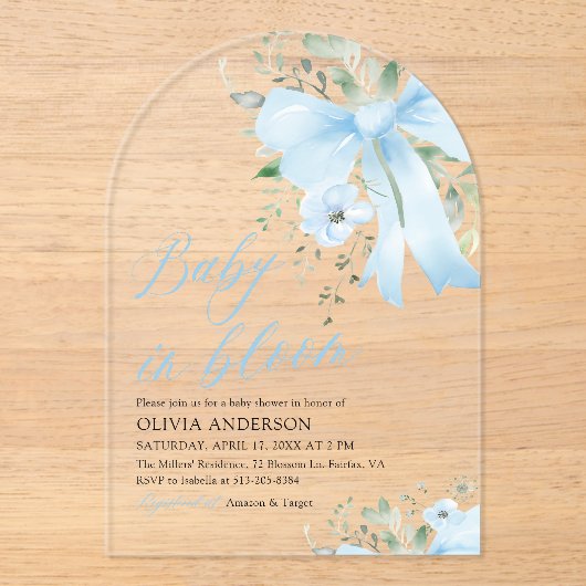 ブルーボウベビーイン開花フローラボーイアーチベイビーシャワー アクリル招待状 (正面)