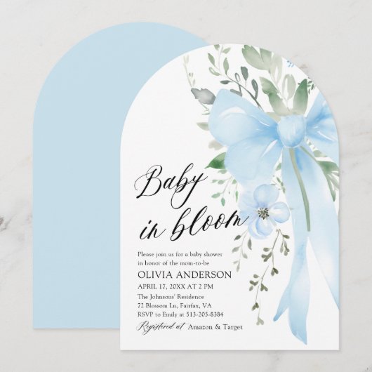 ブルーボウベビーイン開花フローラボーイアーチベイビーシャワー 招待状 (正面/裏面)