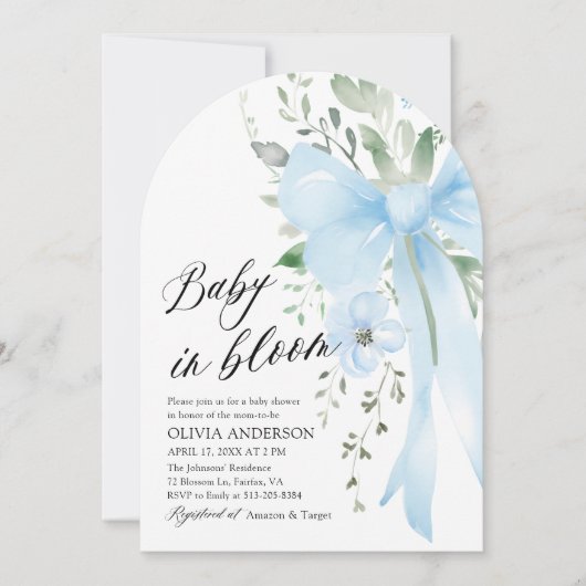 ブルーボウベビーイン開花フローラボーイアーチベイビーシャワー 招待状 (正面)