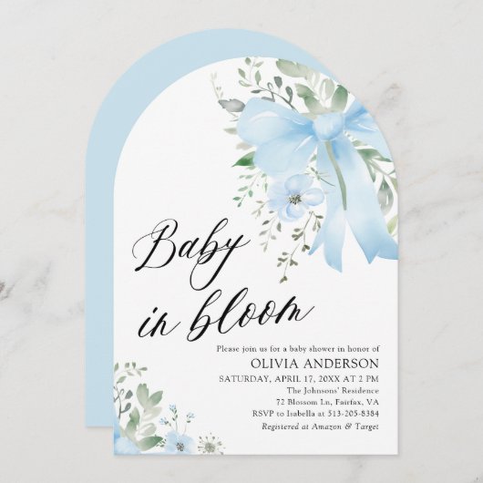 ブルーボウベビーイン開花フローラボーイアーチベイビーシャワー 招待状 (正面/裏面)