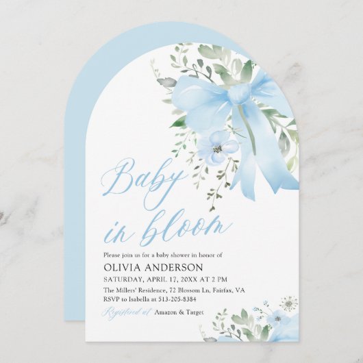 ブルーボウベビーイン開花フローラボーイアーチベイビーシャワー 招待状 (正面/裏面)