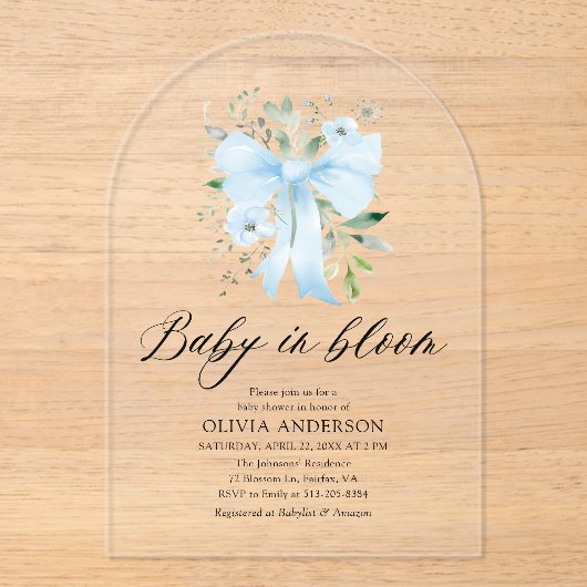 ブルーボウベビーイン開花フローラボーイベビーシャワー アクリル招待状 (正面)