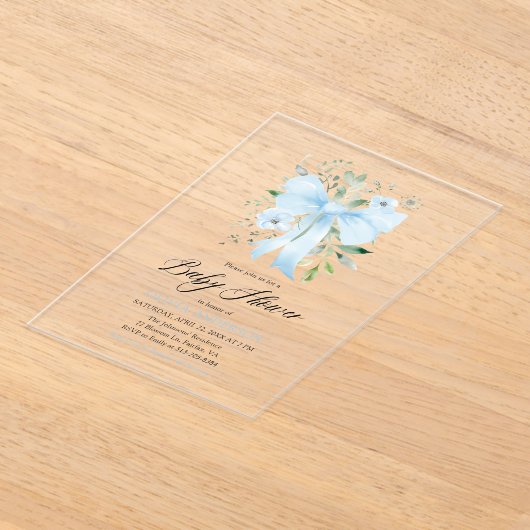 ブルーボウベビーイン開花フローラボーイベビーシャワー アクリル招待状 (レイダウン)
