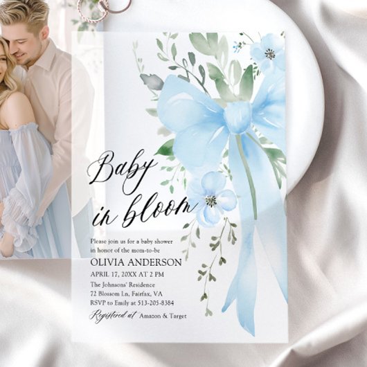 ブルーボウベビーイン開花フローラボーイベビーシャワー ベラム紙招待状