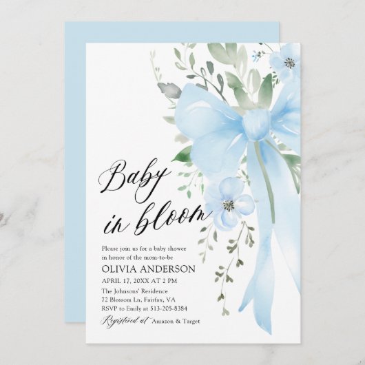 ブルーボウベビーイン開花フローラボーイベビーシャワー 招待状 (正面/裏面)