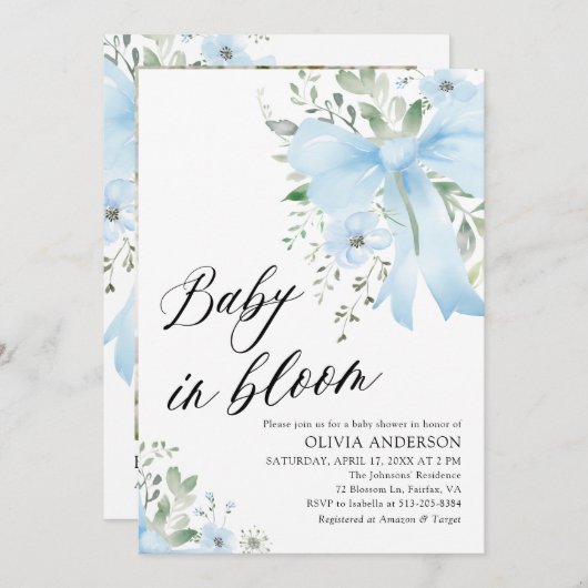 ブルーボウベビーイン開花フローラボーイベビーシャワー 招待状 (正面/裏面)