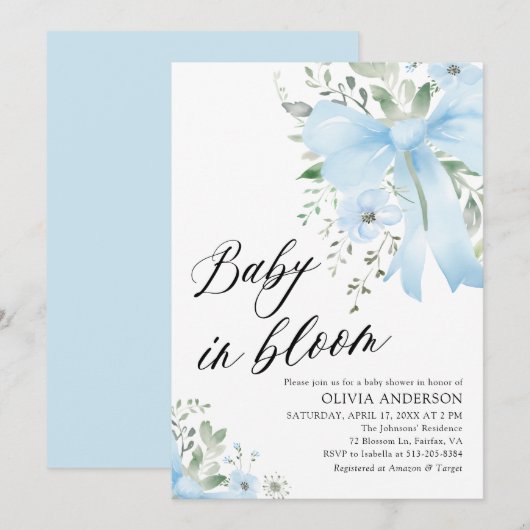 ブルーボウベビーイン開花フローラボーイベビーシャワー 招待状 (正面/裏面)