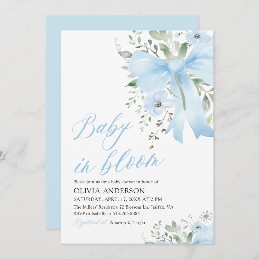 ブルーボウベビーイン開花フローラボーイベビーシャワー 招待状 (正面/裏面)