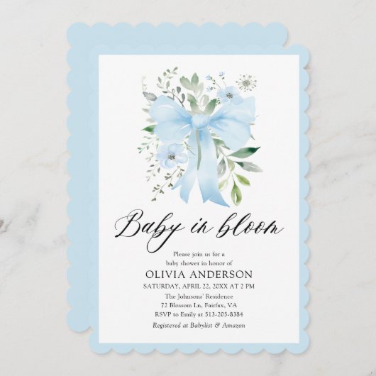 ブルーボウベビーイン開花フローラボーイベビーシャワー 招待状 (正面/裏面)