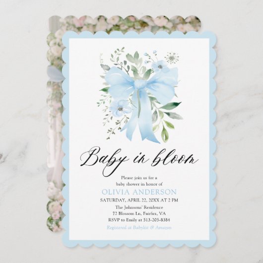 ブルーボウベビーイン開花フローラボーイベビーシャワー 招待状 (正面/裏面)