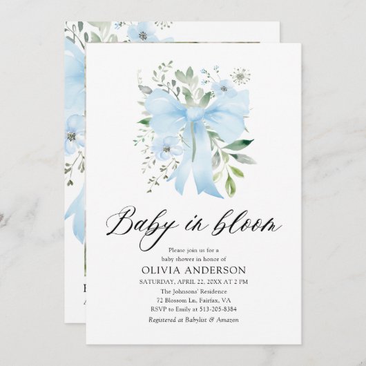 ブルーボウベビーイン開花フローラボーイベビーシャワー 招待状 (正面/裏面)