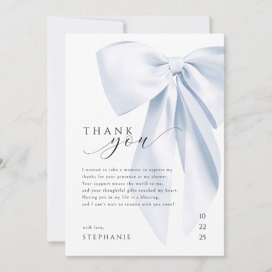 ブルーボウベビーシャワーサンキューカード5 x 7 招待状 (正面)