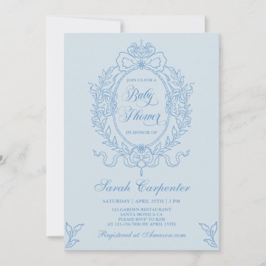 ブルーボウベビーシャワーボーイヴィンテージ招待状 招待状 (正面)