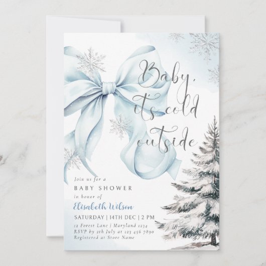 ブルーボウベビーベビーシャワー外は寒い 招待状 (正面)