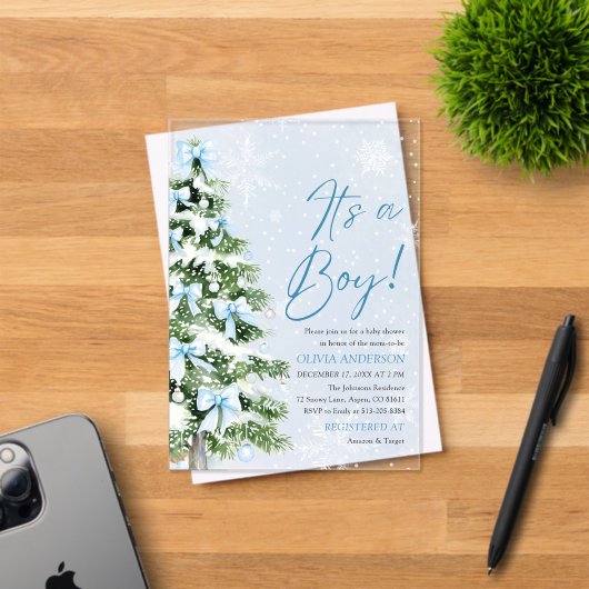 ブルーボウボーイクリスマスツリーオベビーベビーシャワー アクリル招待状 (インサイチュ (招待状))