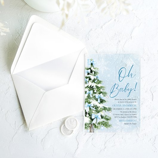ブルーボウボーイクリスマスツリーオベビーベビーシャワー アクリル招待状