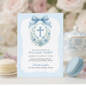 ブルーボウボーイバプテスマ招待状ウィズクロスリース 招待状