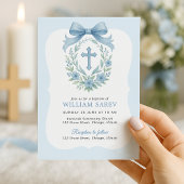 ブルーボウボーイバプテスマ招待状ウィズクロスリース 招待状