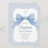 ブルーボウボーイバプテスマ招待状ウィズクロスリース 招待状 (正面/裏面)