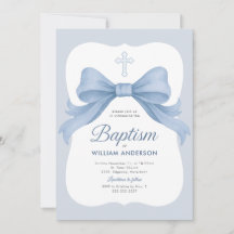 ブルーボウボーイバプテスマ招待状ウィズクロスリース