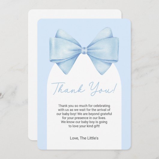 ブルーボウモダンベビーシャワーサンキューカード 招待状 (正面/裏面)