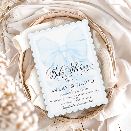 ブルーボウモダン男の赤ちゃんシャワー 招待状