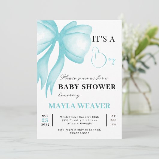 ブルーボウモダン編集可能なエレガント男の赤ちゃんシャワー 招待状 (スタンド正面)