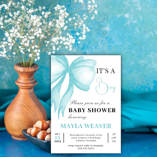 ブルーボウモダン編集可能なエレガント男の赤ちゃんシャワー 招待状