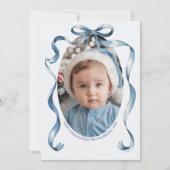 ブルーボウリボンオーバルフレームのクリスマス写真 シーズンカード (正面)