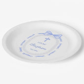 ブルーボウリボンフレームバプテスマ ペーパープレート (アングル)