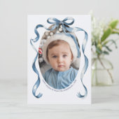 ブルーボウリボン楕円形フレームクリスマスフォト シーズンカード (スタンド正面)