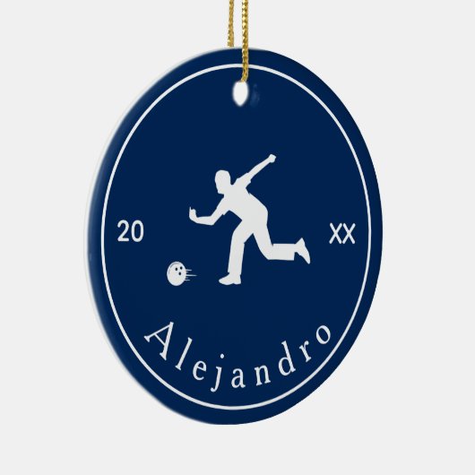 ブルーボウリングをする人、 クリケットの投手シルエットプレーヤーコーチ名&年 セラミックオーナメント (右)