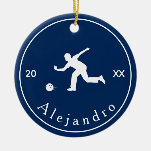 ブルーボウリングをする人、 クリケットの投手シルエットプレーヤーコーチ名&年 セラミックオーナメント (正面)