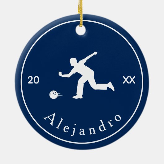 ブルーボウリングをする人、 クリケットの投手シルエットプレーヤーコーチ名&年 セラミックオーナメント (裏面)