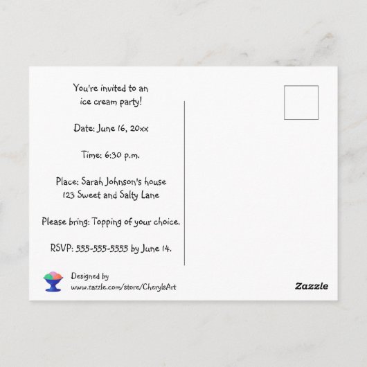 ブルーボウルにアイスクリームを入れたパーティの招待状はがき ポストカード (裏面)